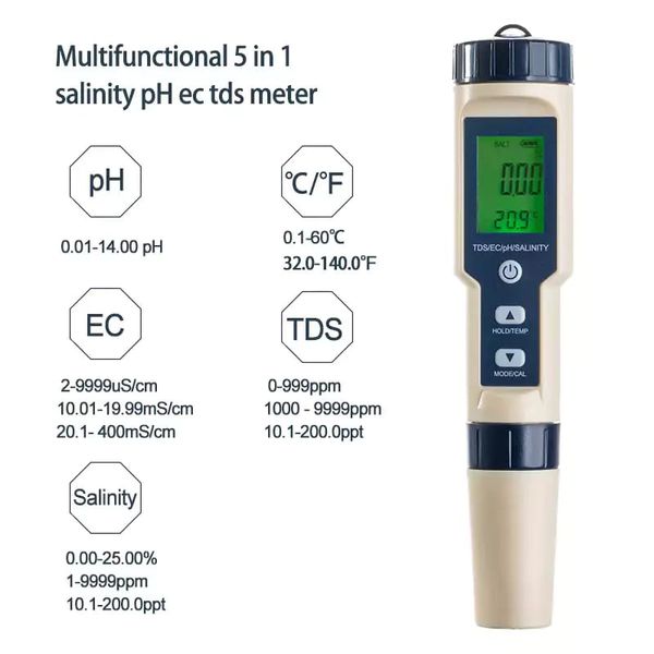 Multifunction 5 in 1 water test meter