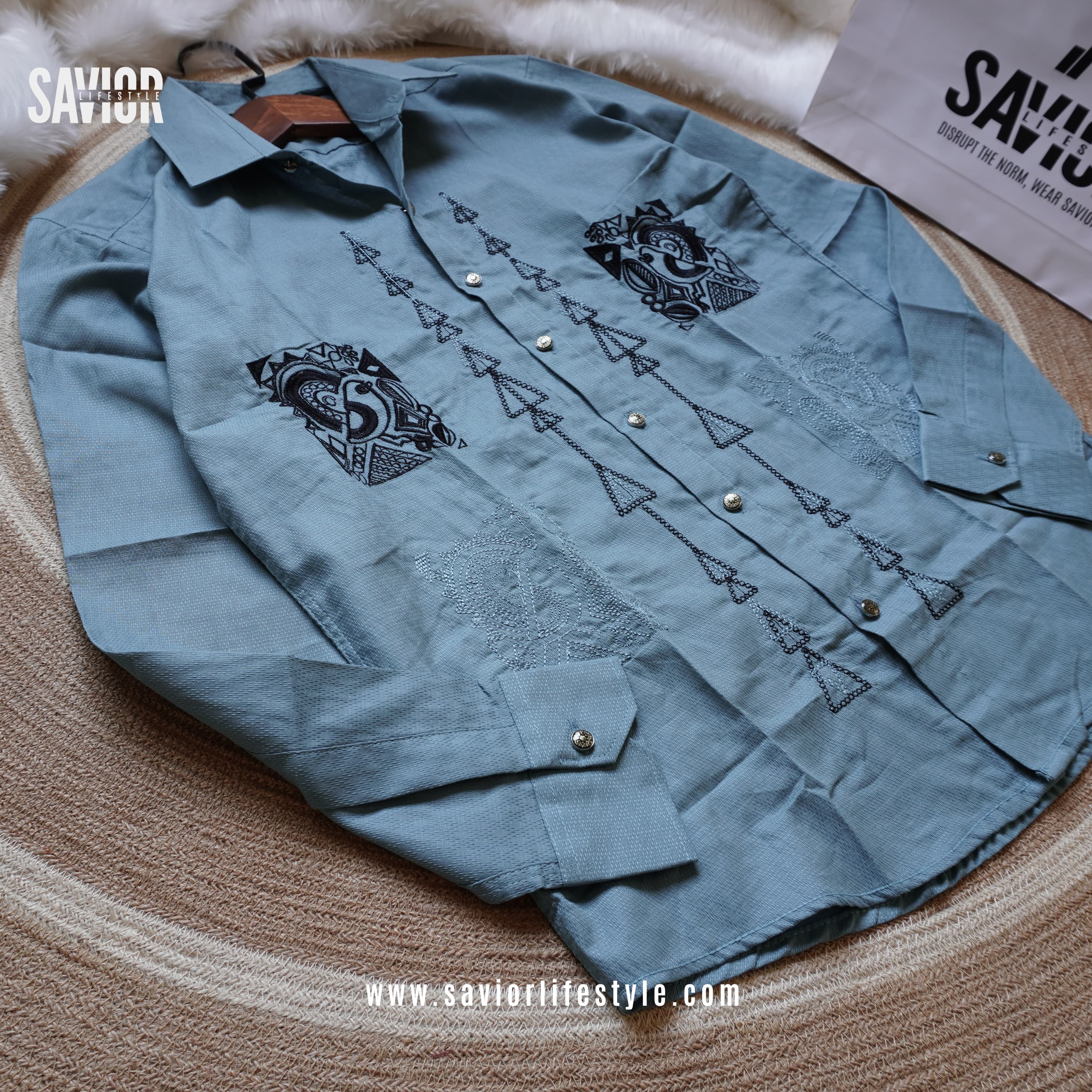 Storm Slate - Full Sleeve Embroidery Shirt