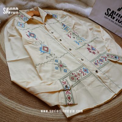 Soft Cream - Full Sleeve Embroidery Shirt