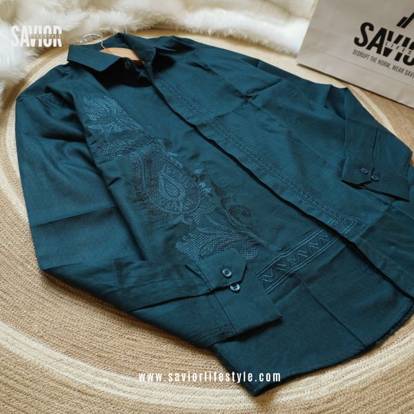 Deep Ocean Green - Full Sleeve Embroidery Shirt