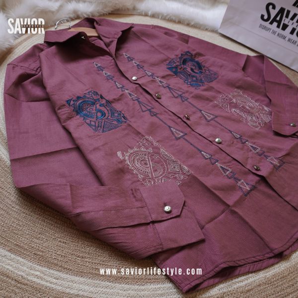 Rosewood Color - Full Sleeve Embroidery Shirt