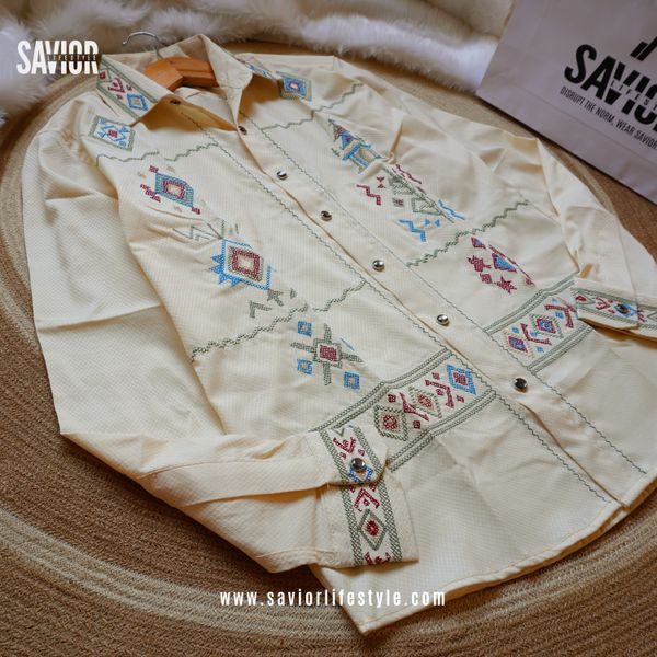 Soft Cream - Full Sleeve Embroidery Shirt
