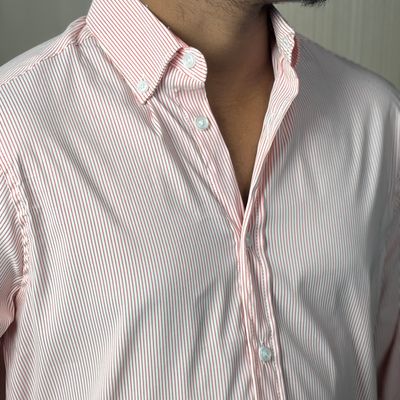 White (Red Stripe) - Strechable Old Money Full Sleeve Shirt_img_0