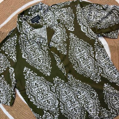 Olive Printed- Dropshoulder Boxy Fit Cuban Half Sleeve Shirt_img_1