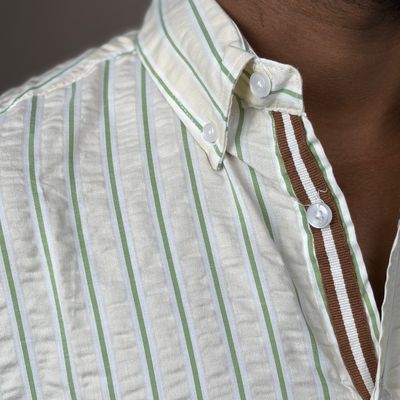 Cream ( Green Stripe) - Chineese Jacquard Old Money Full Sleeve_img_1