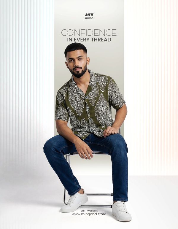 Olive Printed- Dropshoulder Boxy Fit Cuban Half Sleeve Shirt