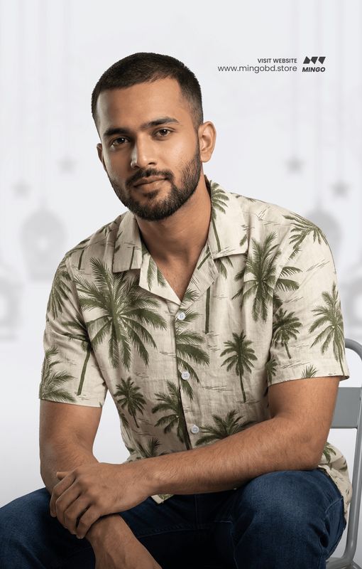 Cream Olive(Cotton)- Printed Cuban Half Sleeve