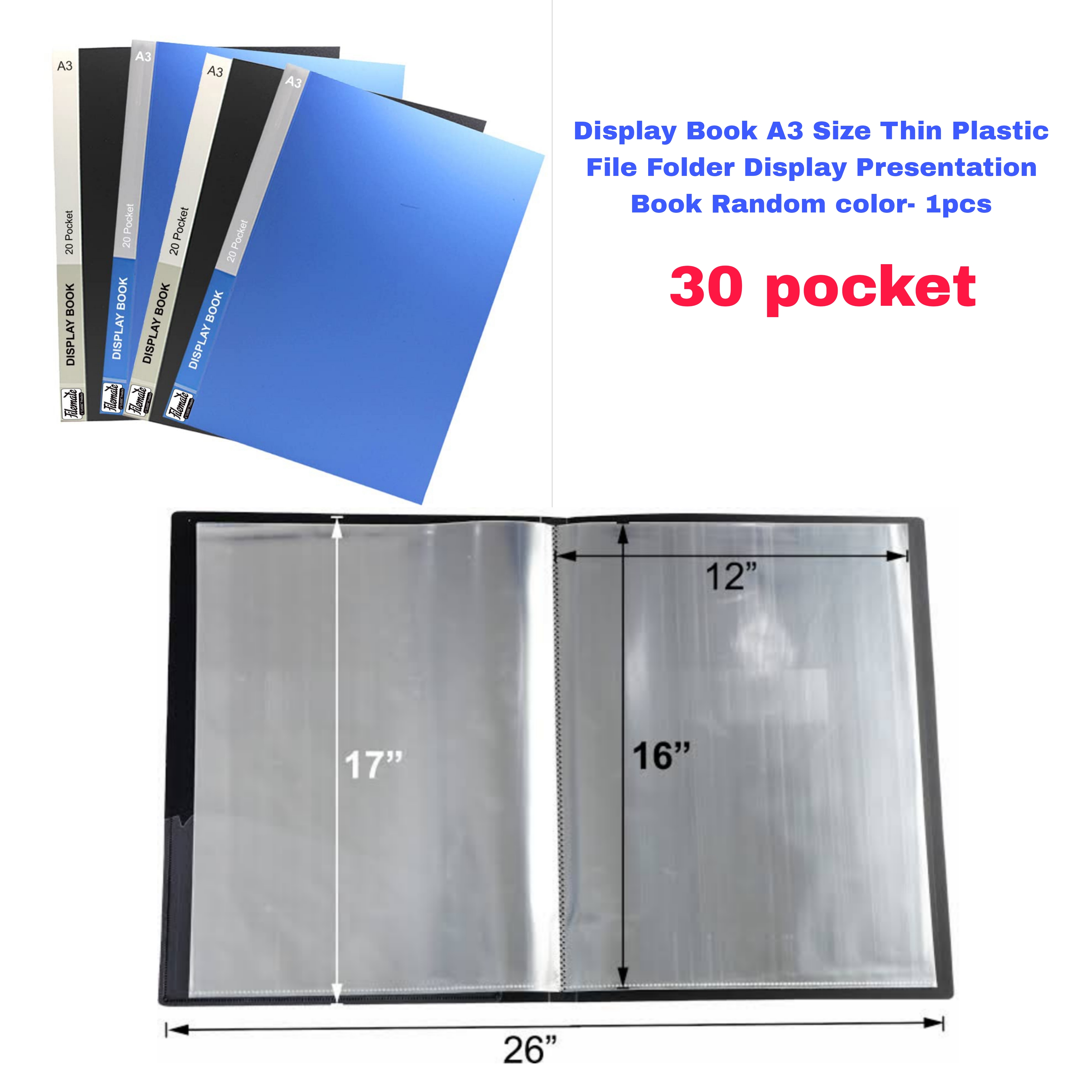 Display Book A3 Size 30 pocket Thin Plastic File Folder Display Presentation Book Random color- 1pcs_img_0