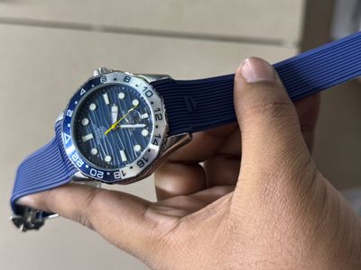 TAG HEUER AQUARACER FIBER BELT TWO TONE BEZEL BLUE DIAL YELLOW HAND SWEEP_img_0