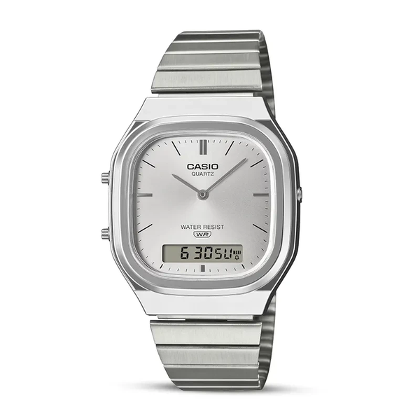 CASIO VINTAGE RETRO-MODERN DUAL TIME SILVER DIAL WATCH | AQ-240E-7A
