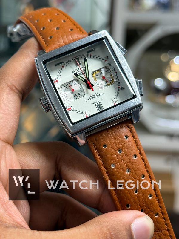 TAG HEUER MONACO CHRONOGRAPH MUSTARD LEATHER WHITE DIAL