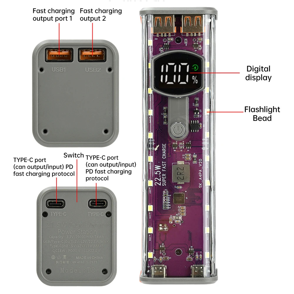 Fast Charging 8pcs 18650 Battery with LED Light Transparent Power Bank Case_img_2