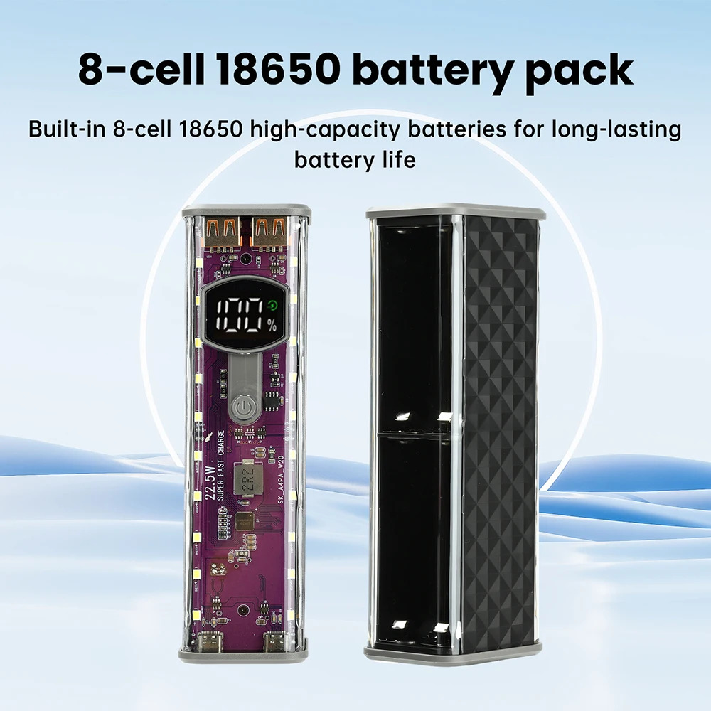 Fast Charging 8pcs 18650 Battery with LED Light Transparent Power Bank Case_img_3