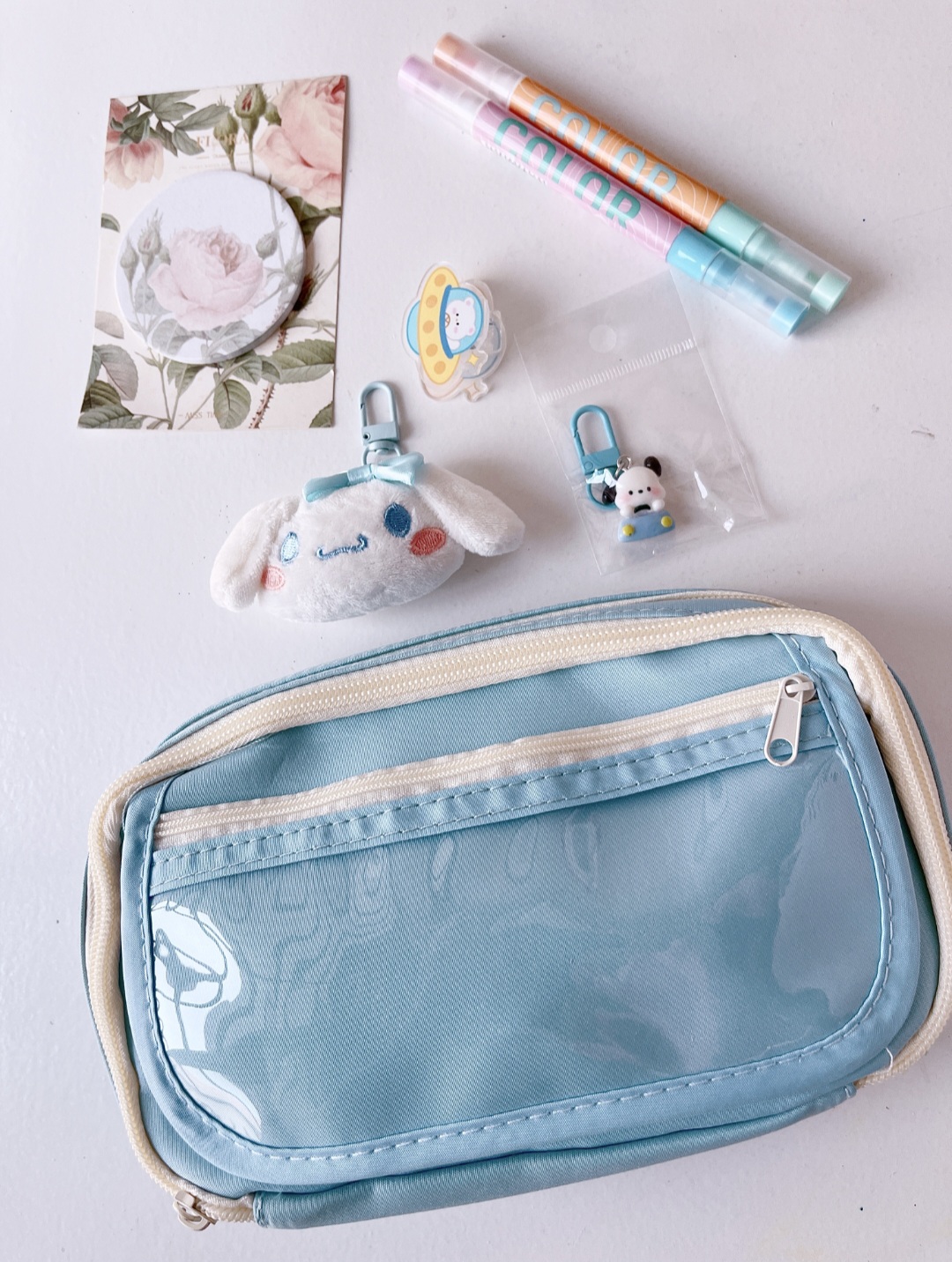 Pencil Case Large Capacity + doll + sticky note + highlighter + keychain + acrylic clip_img_5