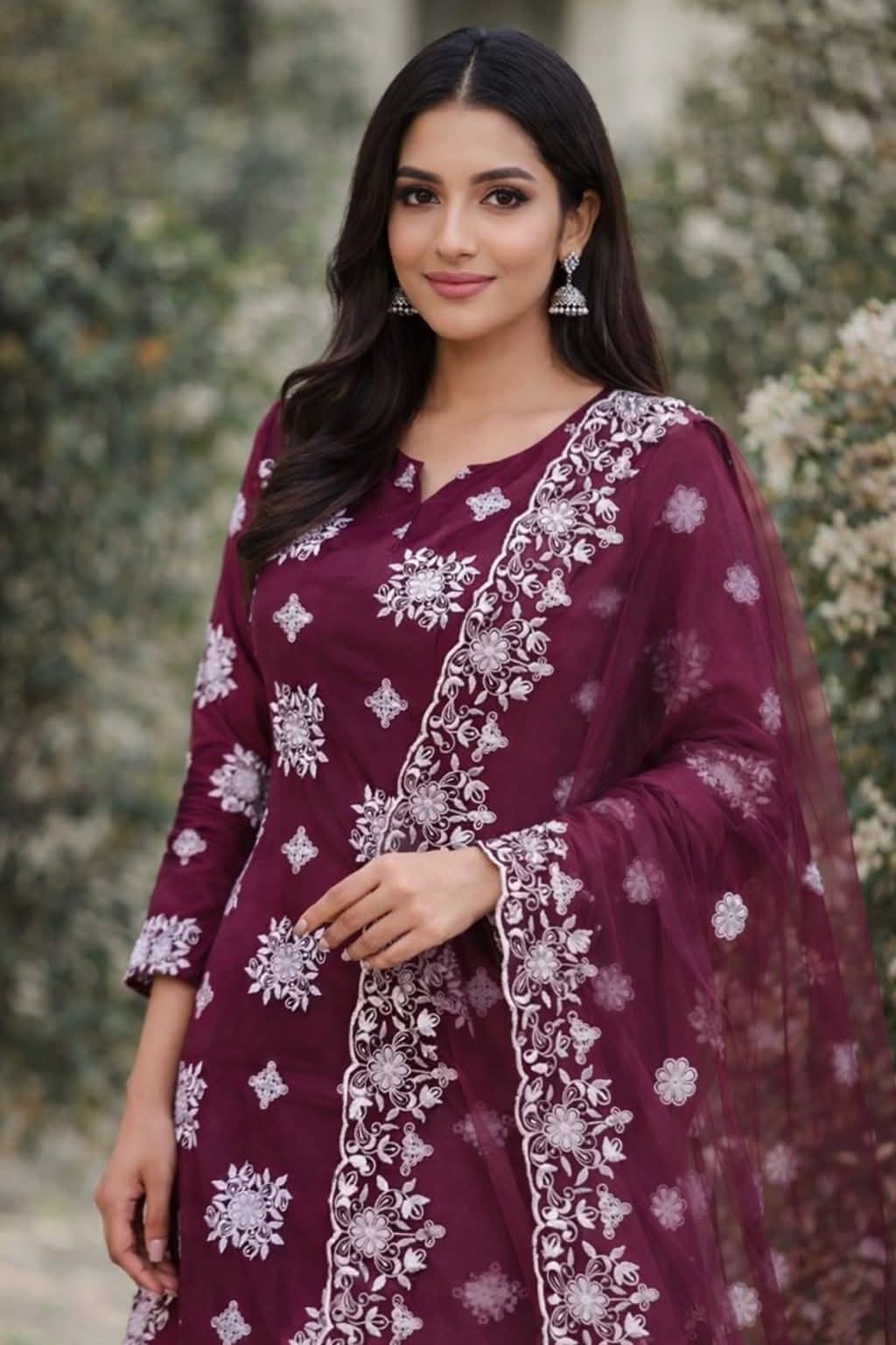 Floral Embroidered Round Neck Kurta With Trousers & Dupatta - Image 1