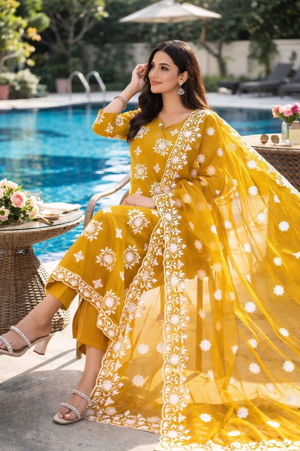 Floral Embroidered Round Neck Kurta With Trousers & Dupatta - Image 5