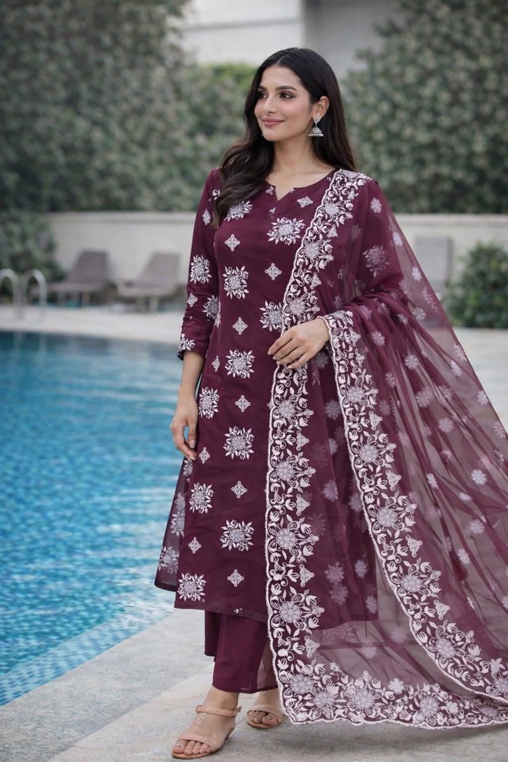 Floral Embroidered Round Neck Kurta With Trousers & Dupatta - Image 4