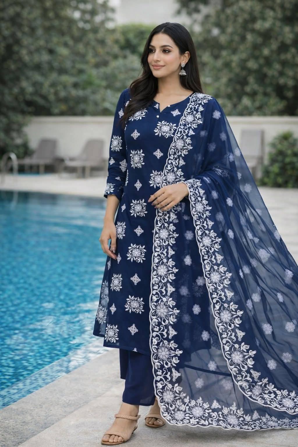 Floral Embroidered Round Neck Kurta With Trousers & Dupatta - Image 3