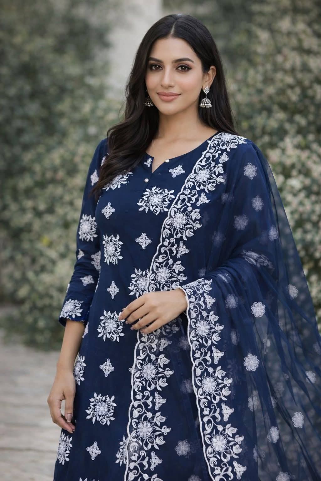 Floral Embroidered Round Neck Kurta With Trousers & Dupatta - Image 6