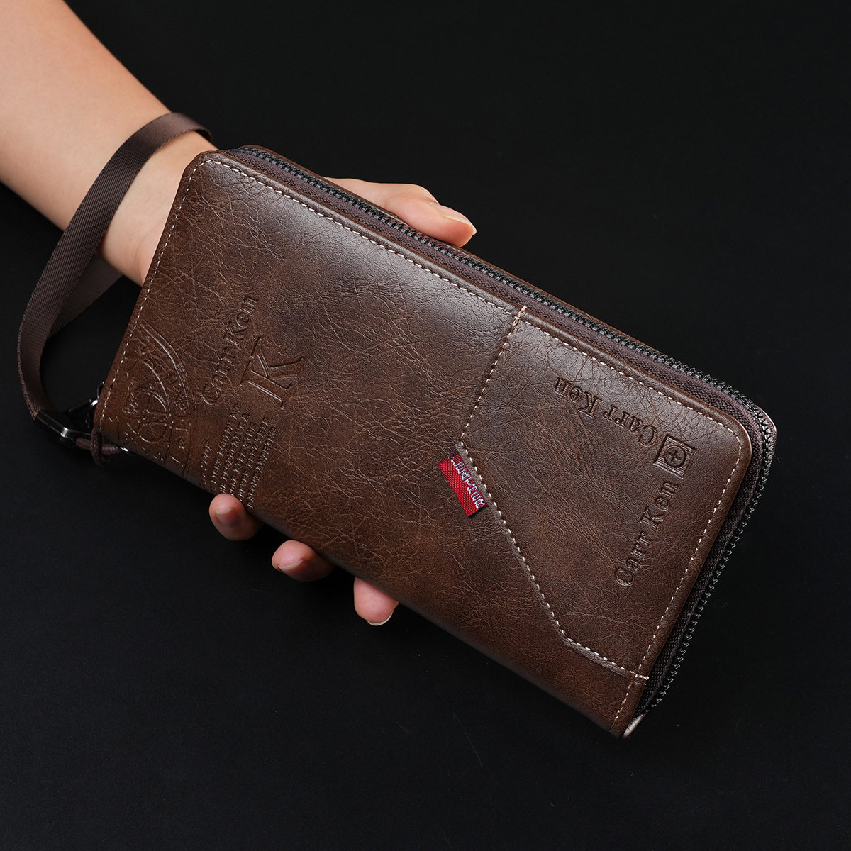 2024 men's retro letter embossed long wallet multi-function stitching mobile phone wallet large capacity wrist bag