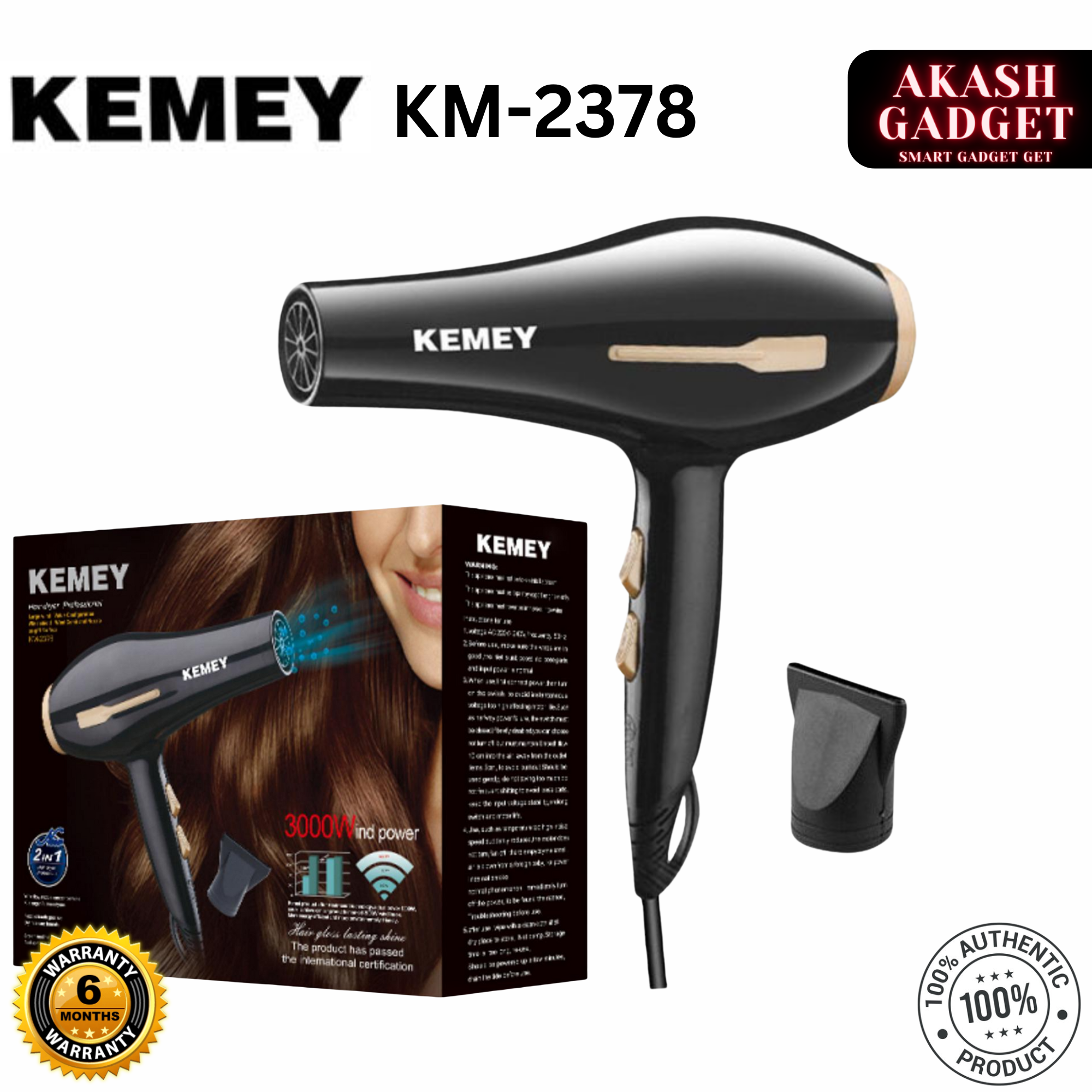 Kemey KM-2378 / KM-2376 Professional 2 in 1 Hair Dryer | 3000W Powerful Motor