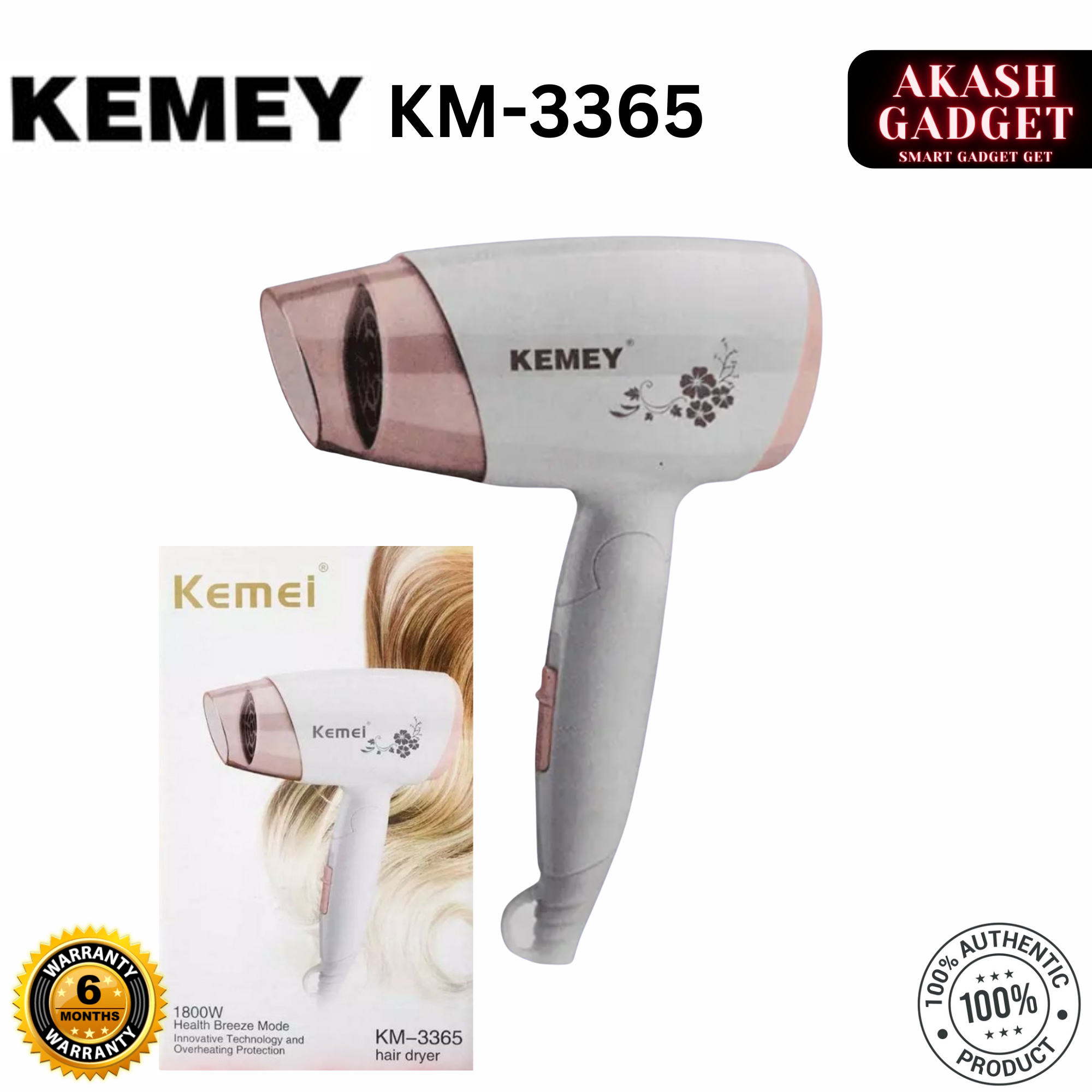 Kemey KM-3365 Hot And Normal Air Foldable Hair Dryer | 1800W Powerful Motor