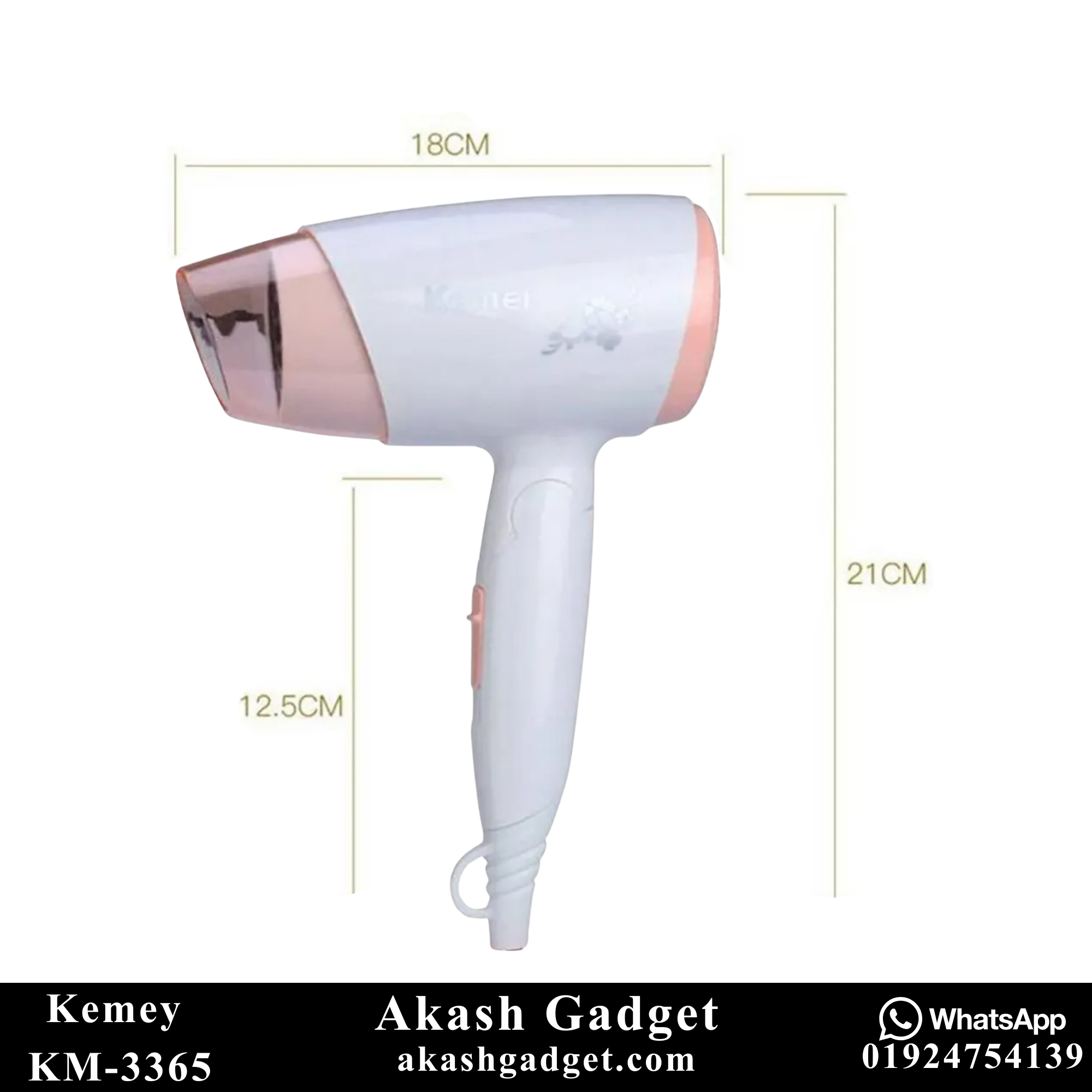 Kemey KM-3365 Hot And Normal Air Foldable Hair Dryer | 1800W Powerful Motor_img_1