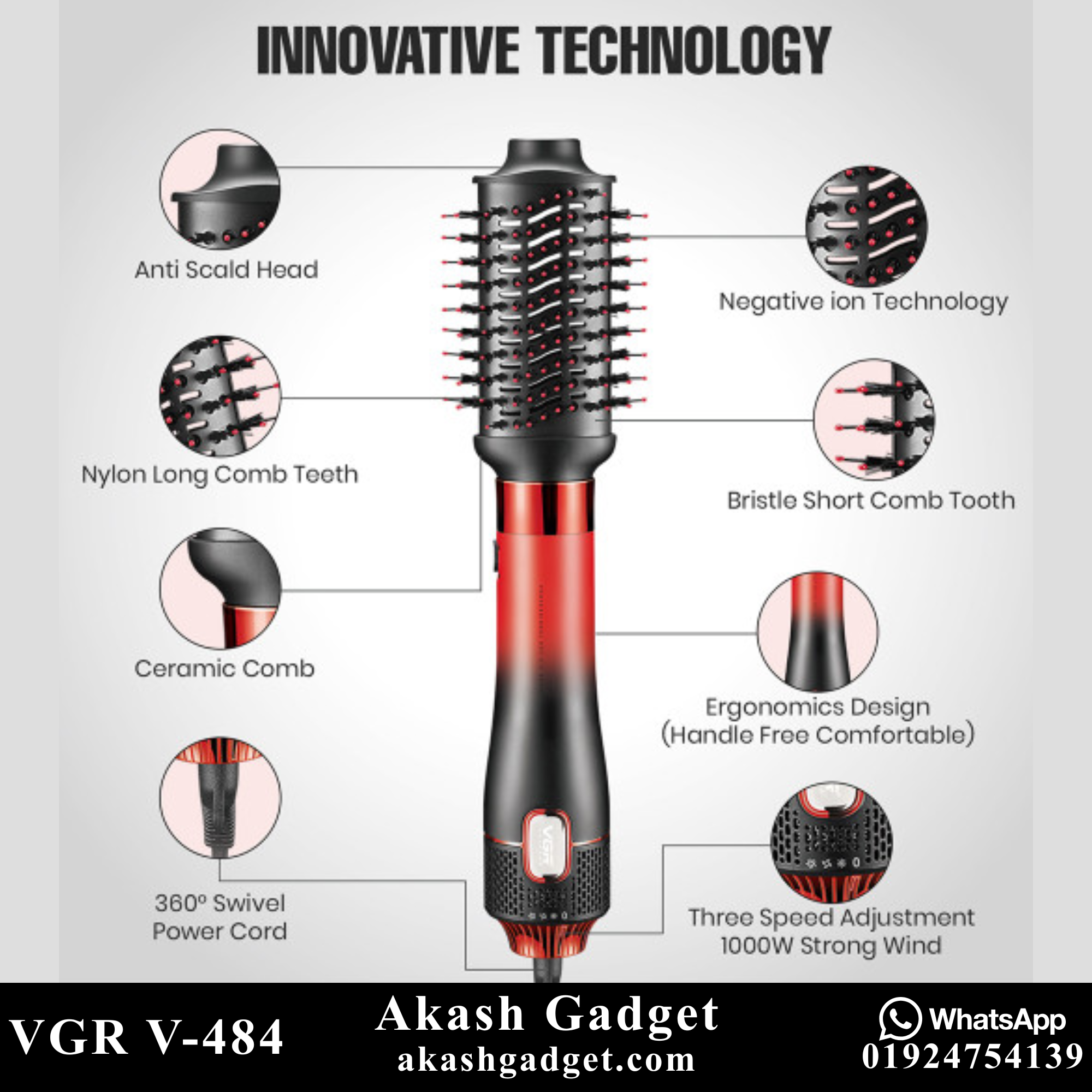 VGR V-484 Professional 4-IN-1 Hot Air Brush- Drying, Curling, Volumizer & Straightening Multi Styler for Women_img_4