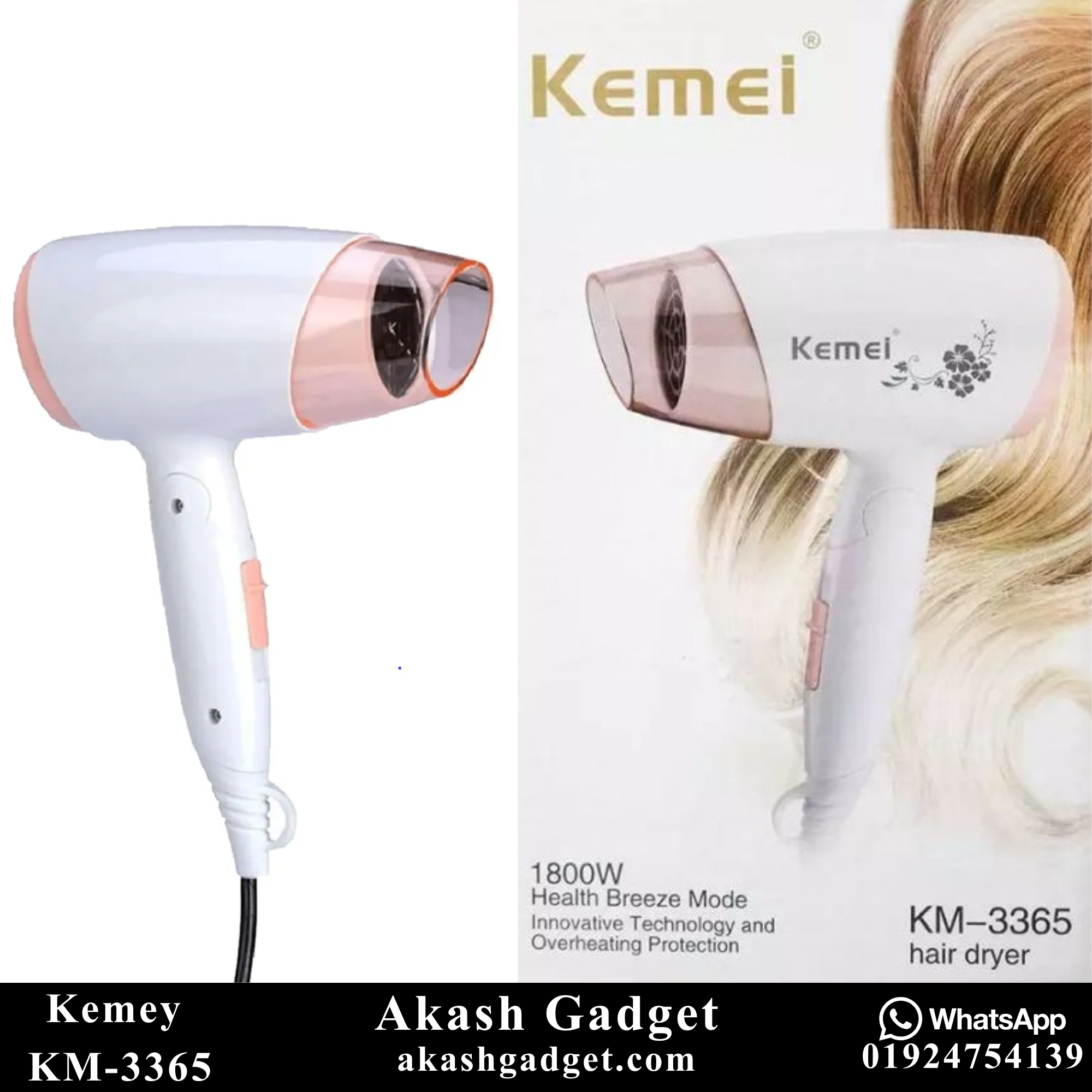Kemey KM-3365 Hot And Normal Air Foldable Hair Dryer | 1800W Powerful Motor_img_6