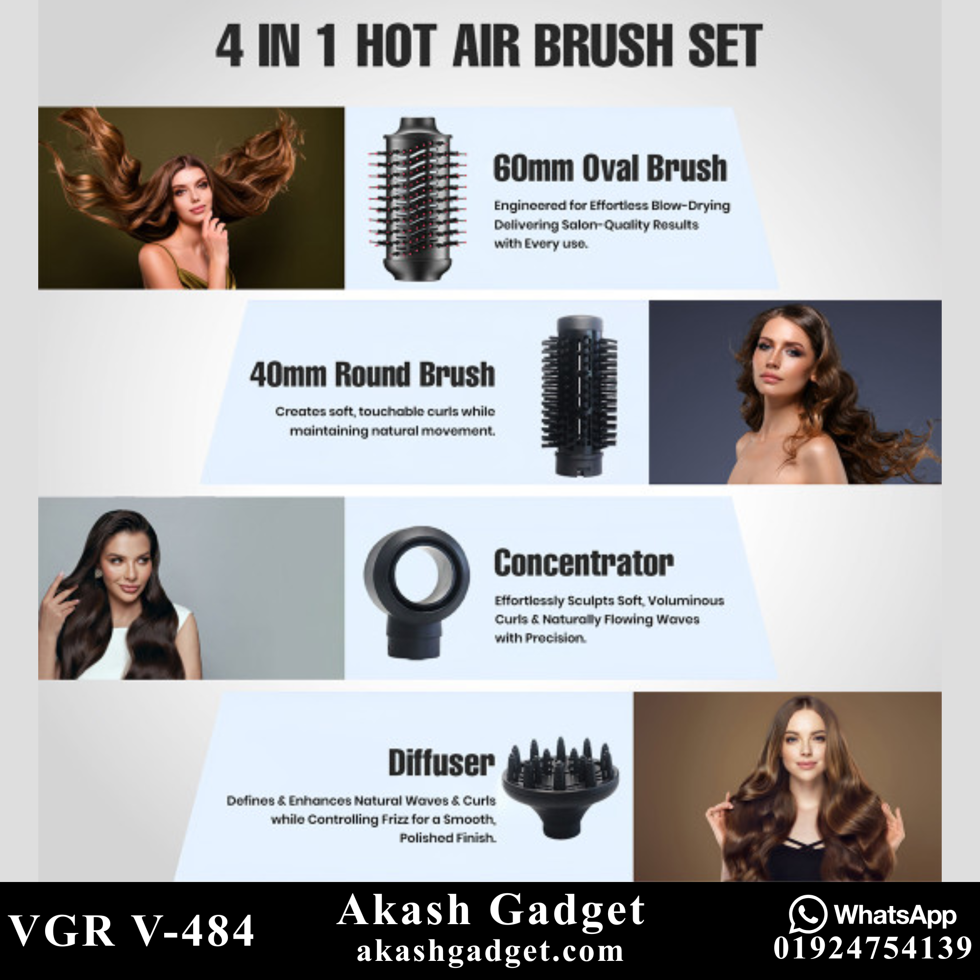 VGR V-484 Professional 4-IN-1 Hot Air Brush- Drying, Curling, Volumizer & Straightening Multi Styler for Women_img_9