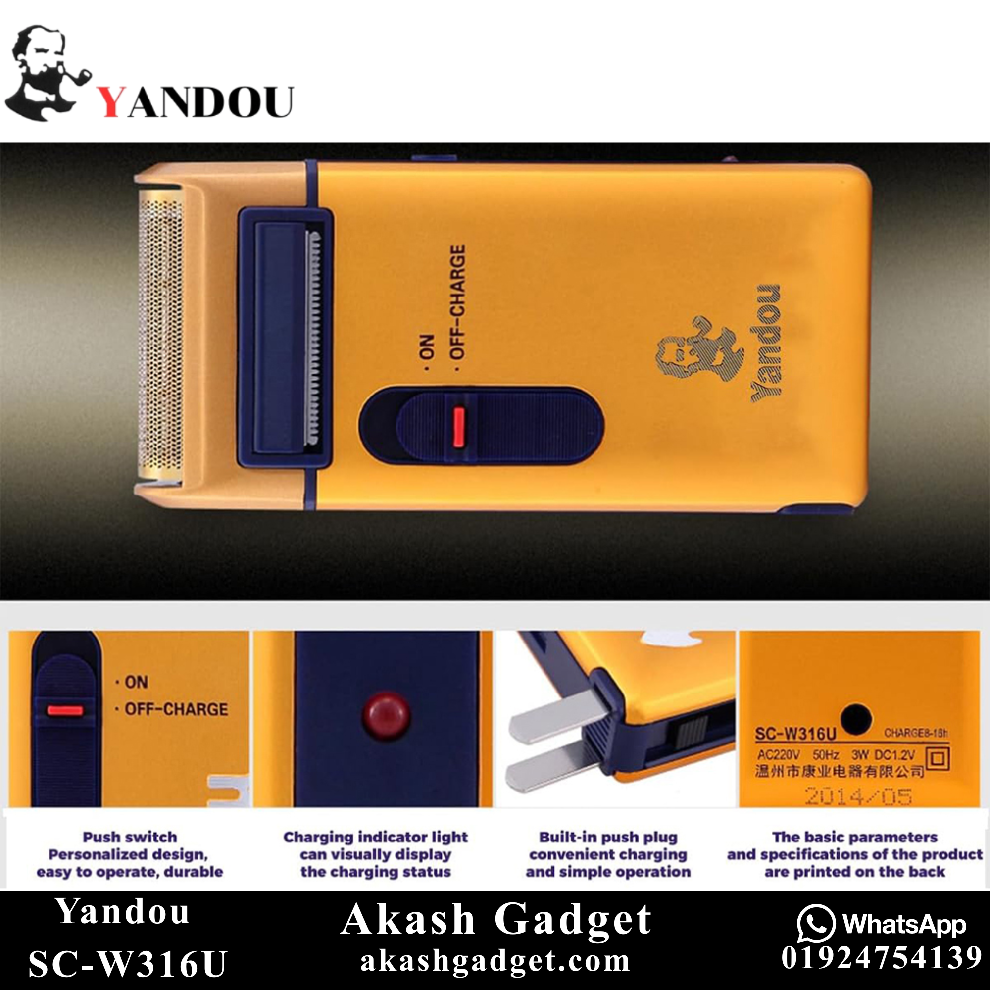 Yandou SC-W316U Rechargeable Electric Shaver with Pop-up Trimmer for Men_img_9