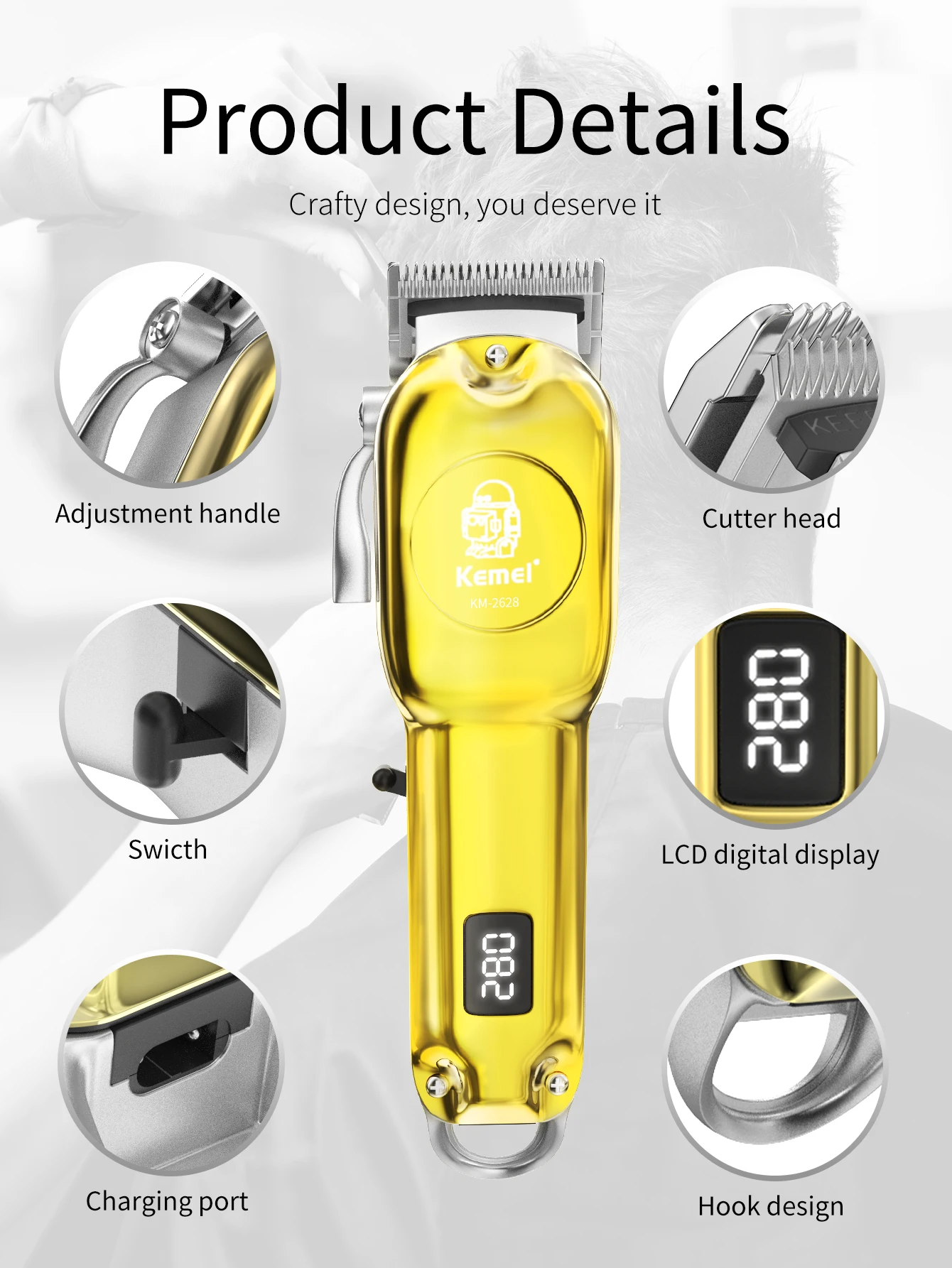 Kemei KM-2628 Professional Hair Clipper and Beard Trimmer for Men | LCD Display, Salon Cordless, Rechargeable_img_7