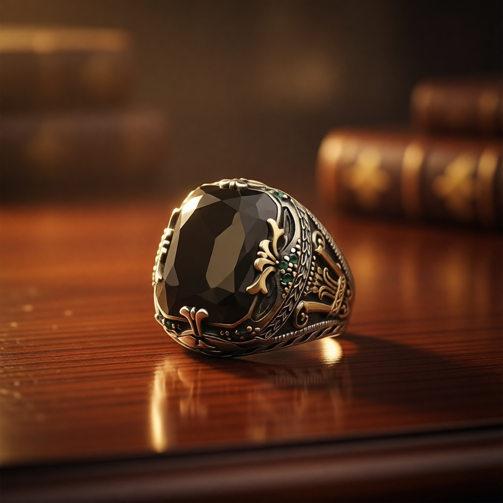 Luxury Emerald Retro Ring for Men – Gold Plated Alloy Palace Style Hollow Statement Ring | Vintage Green Gemstone Jewelry_img_4