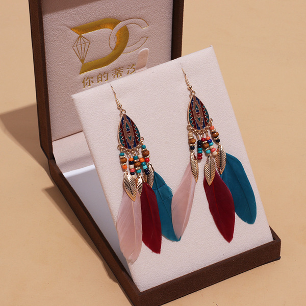 Colorful Ethnic Feather Earrings for Women – Boho Wave Design Zinc Alloy Jewelry DC1350