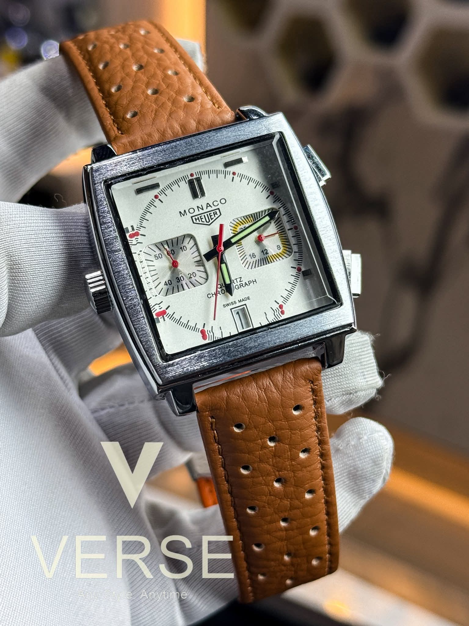 TagHeuer Monaco Chronograph | White Dial Brown Strap - AA