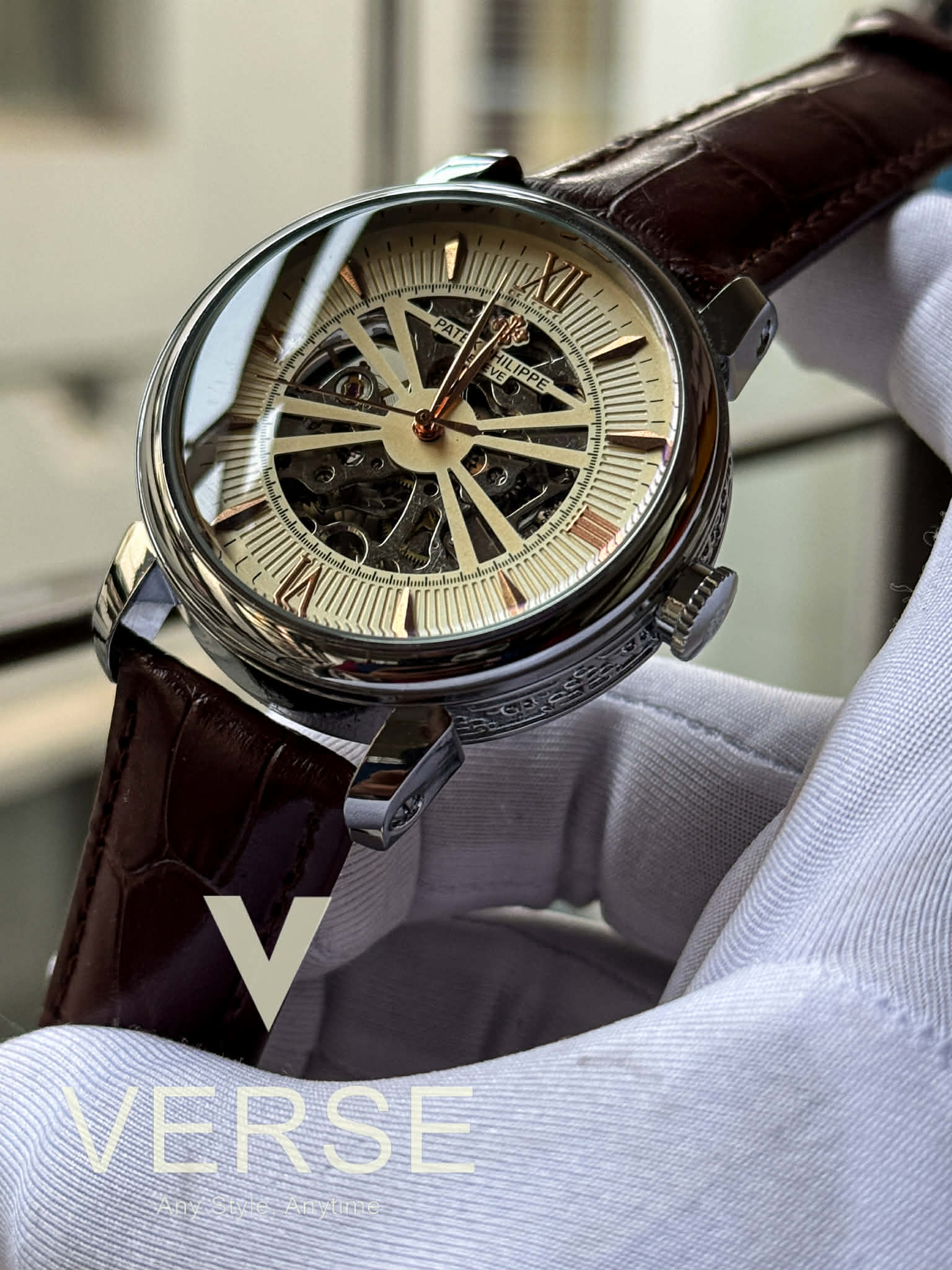 Patek Philippe Automatic Noir Guilloché | Brown Strap - AA