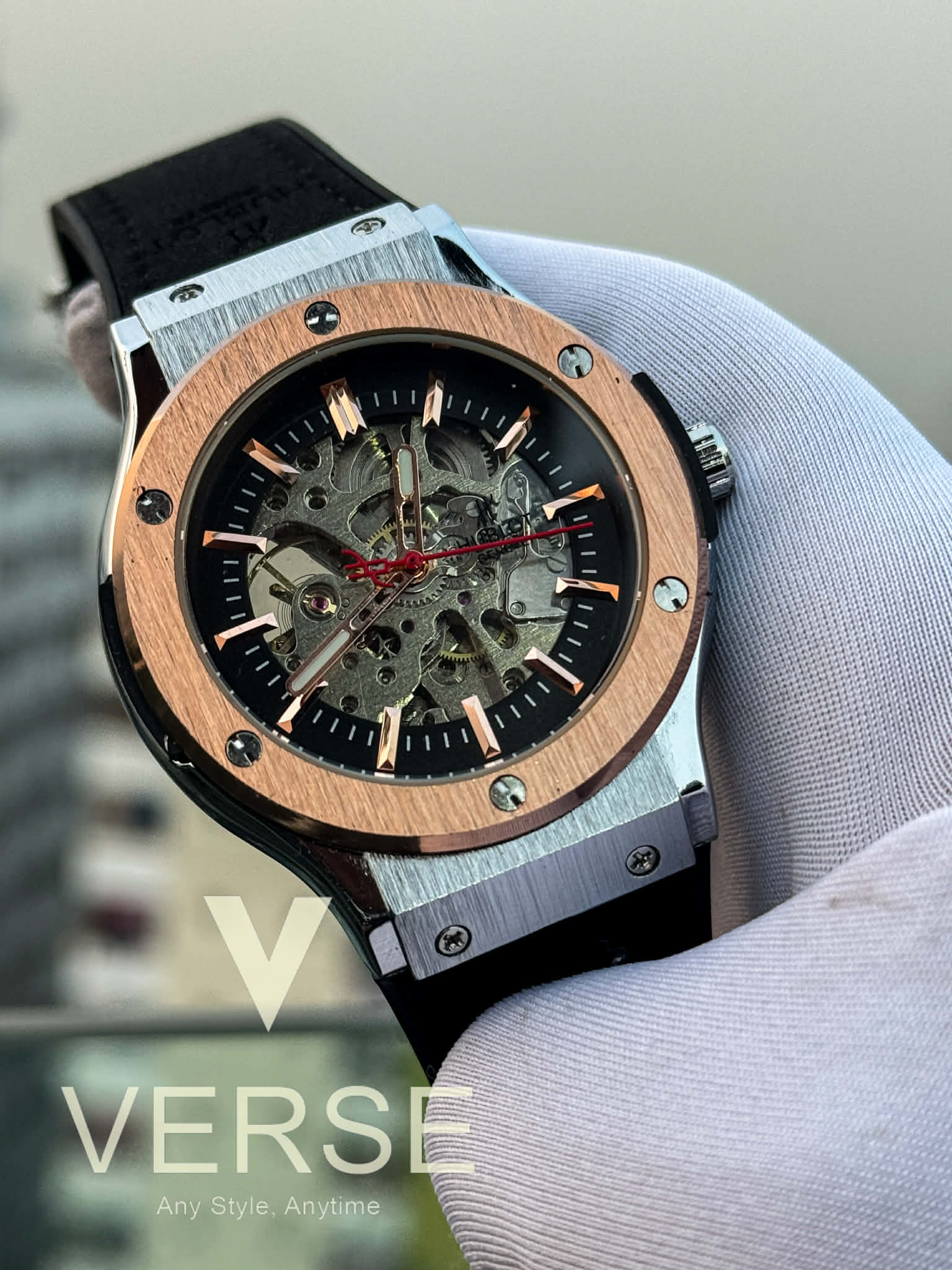 Hublot Automatic Two-Tone | Black Skeleton Dial RG Digits