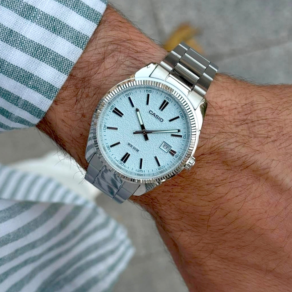 Casio MTP-1302DA-2A2VDF Men’s Silver Stainless Steel Watch with Matte Sky-Blue Dial| Casio MTP-1302DA-2A2VDF