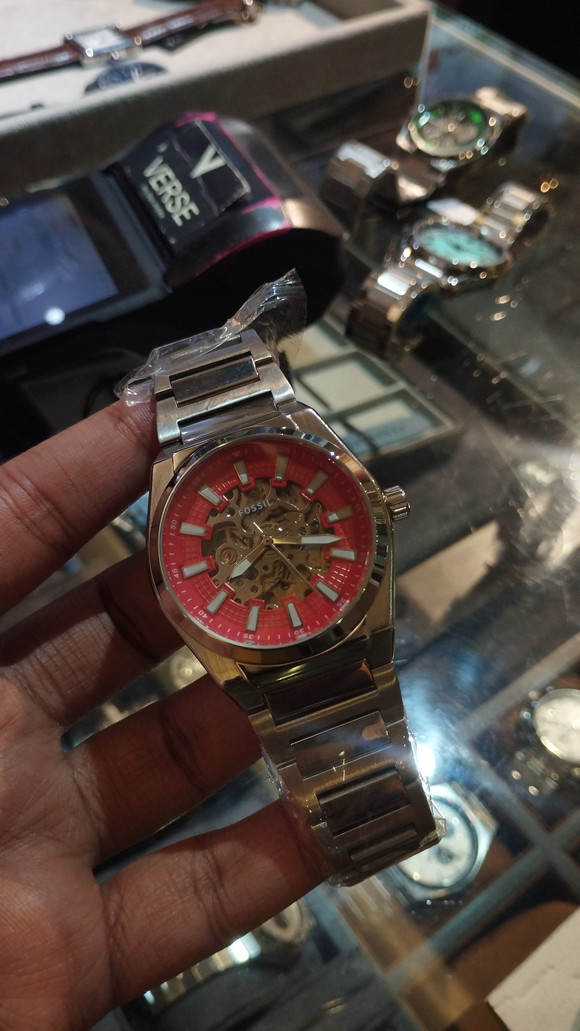 Fossil Everett Automatic Skeleton Crimson Red Dial