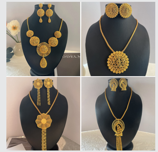 Bridal Gold Plated Round Necklace Earrings Jewelry Set_img_0