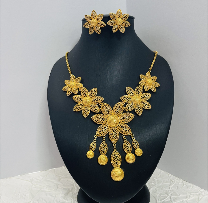 Bridal Gold Plated Round Necklace Earrings Jewelry Set_img_2