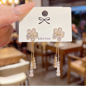 925 Silver Needle Super Flash Zircon Crystal Flower Tassel Earrings