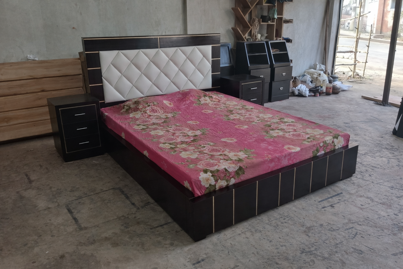 Modern Luxury Full Box Bed with Padded Headboard | Solid Wood Bed BD | WCF-Code-BD-595-1