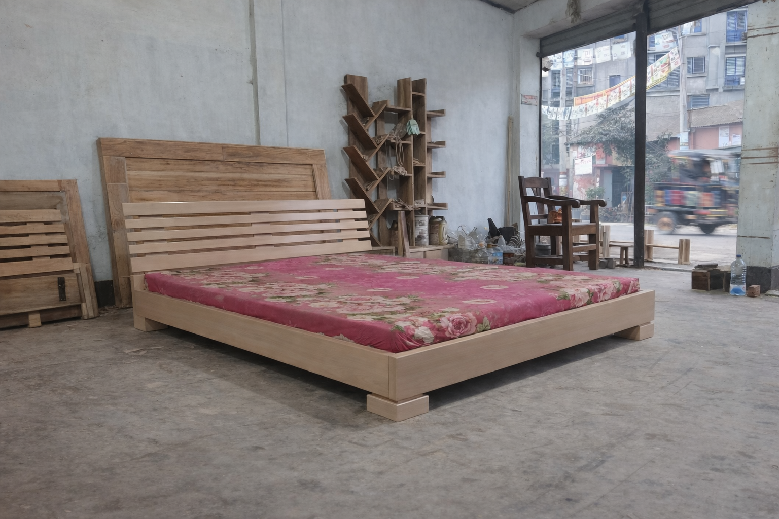 Horizontal Slat Mahogany Wooden Bed WCF-Code-BD-506_img_1