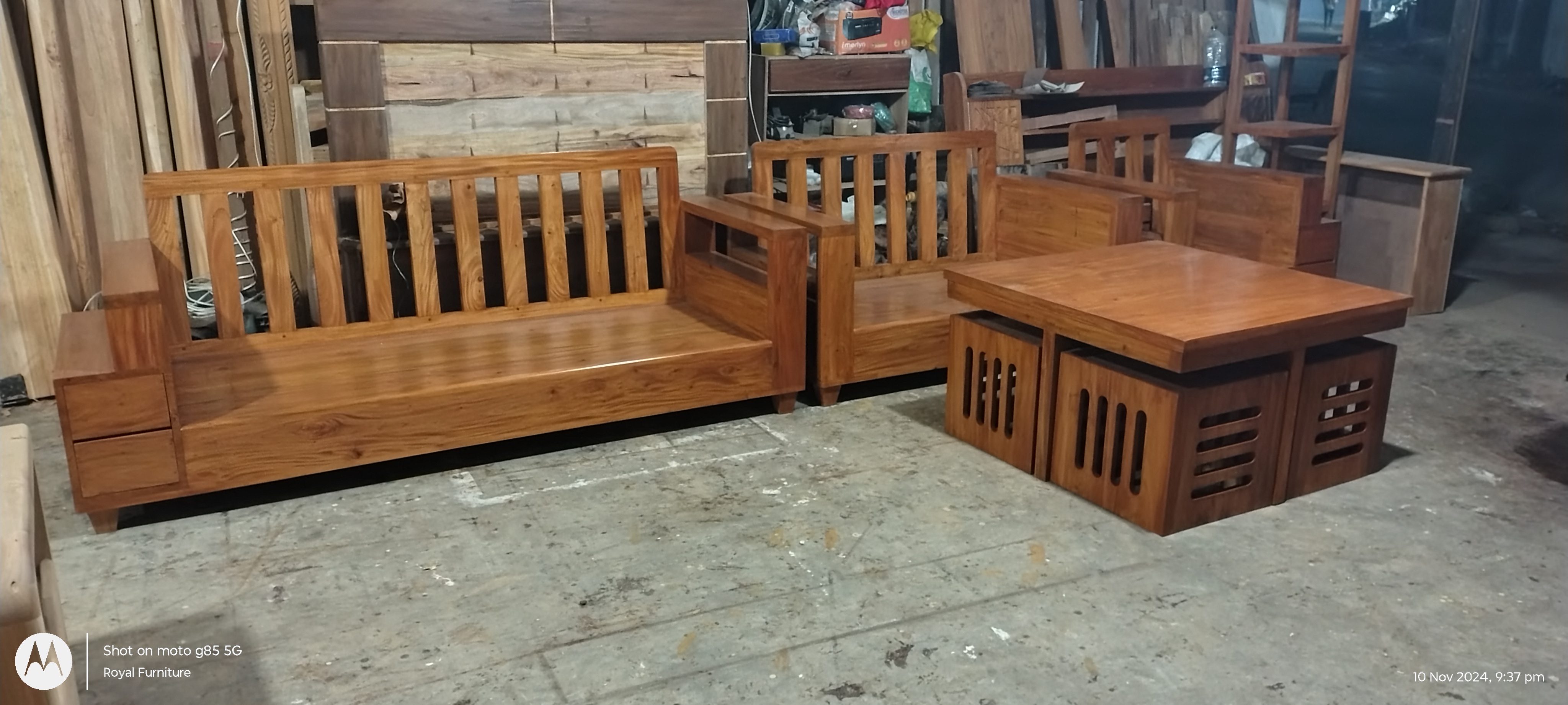 Modern Wooden Sofa Set with Center Table & Side Drawer | Premium Solid Wood Furniture BD | RFB-Code-SF-525_img_1