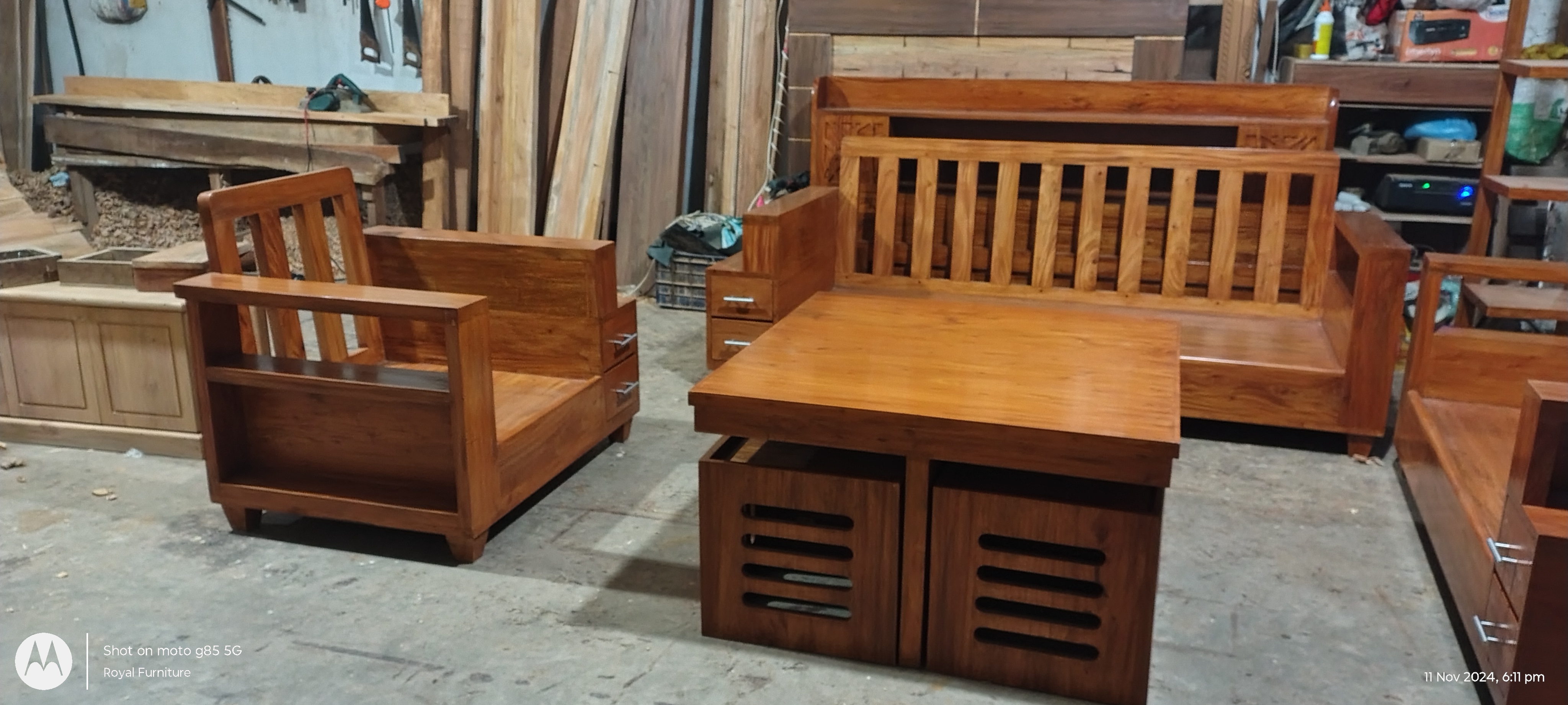 Modern Wooden Sofa Set with Center Table & Side Drawer | Premium Solid Wood Furniture BD | RFB-Code-SF-525_img_2