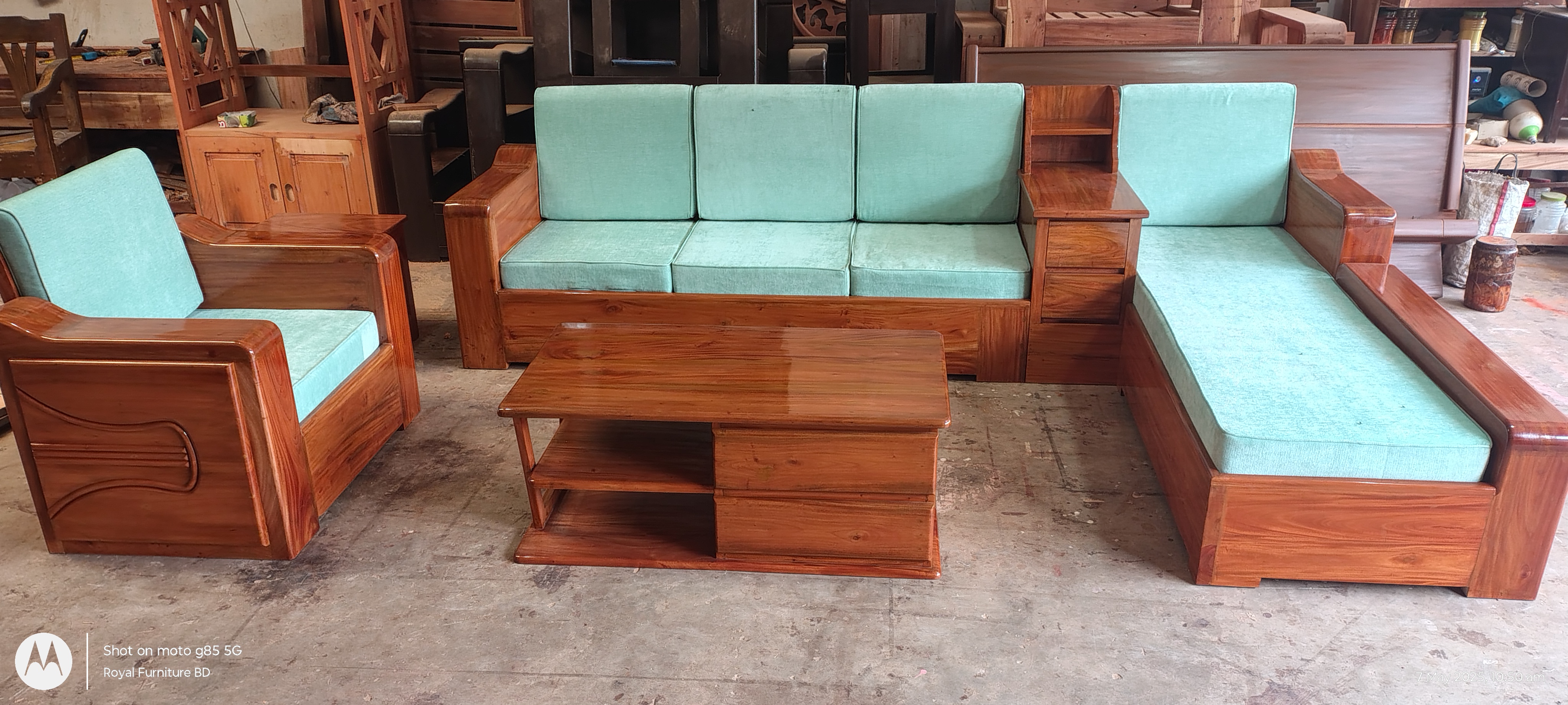 Modern Wooden Sofa Set with Center Table & Side Drawer | Premium Solid Wood Furniture BD | WCF-Code-SF-503_img_1