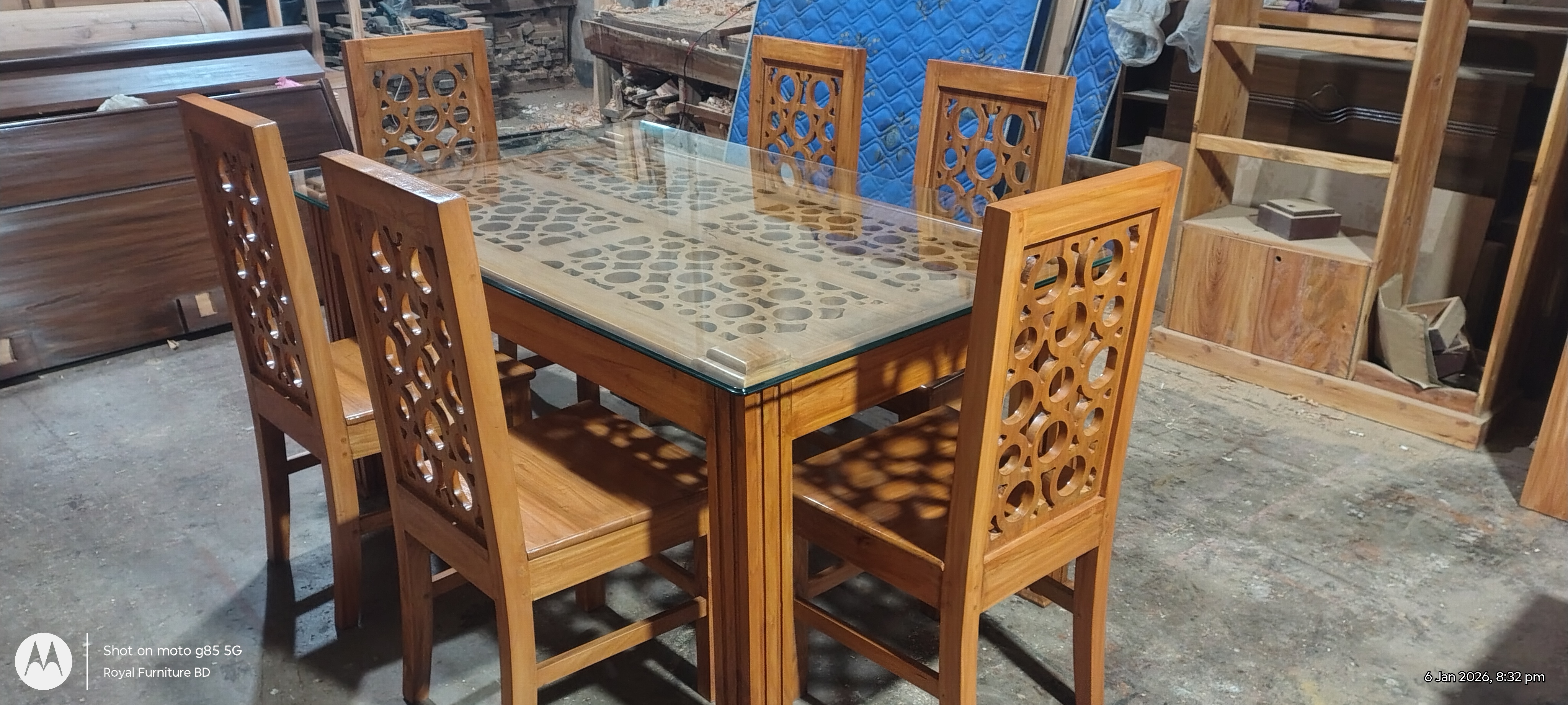 Carved Glass Top Wooden Dining Table Set with 6 Chairs | Solid Wood Dining Table Bangladesh | WCF-Code-DIT-529