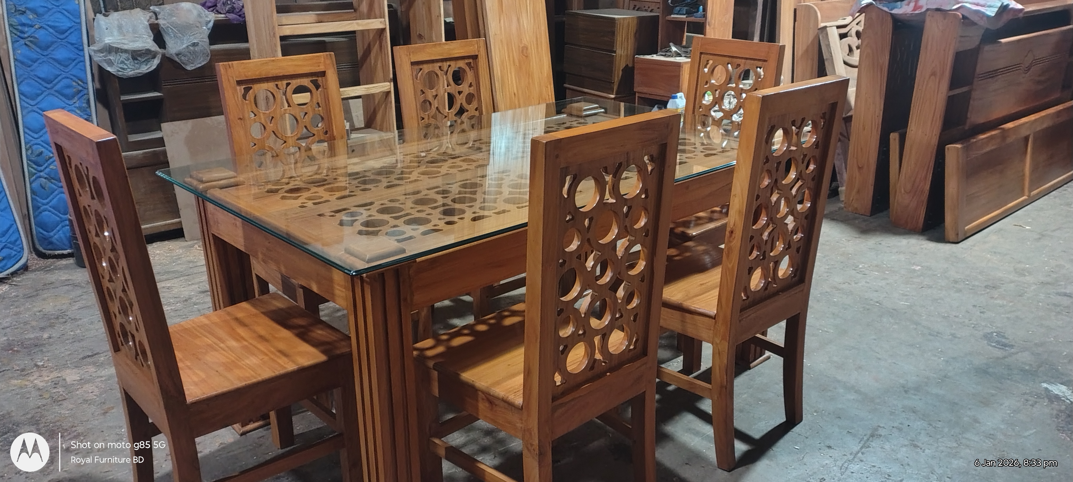 Carved Glass Top Wooden Dining Table Set with 6 Chairs | Solid Wood Dining Table Bangladesh | WCF-Code-DIT-529_img_1