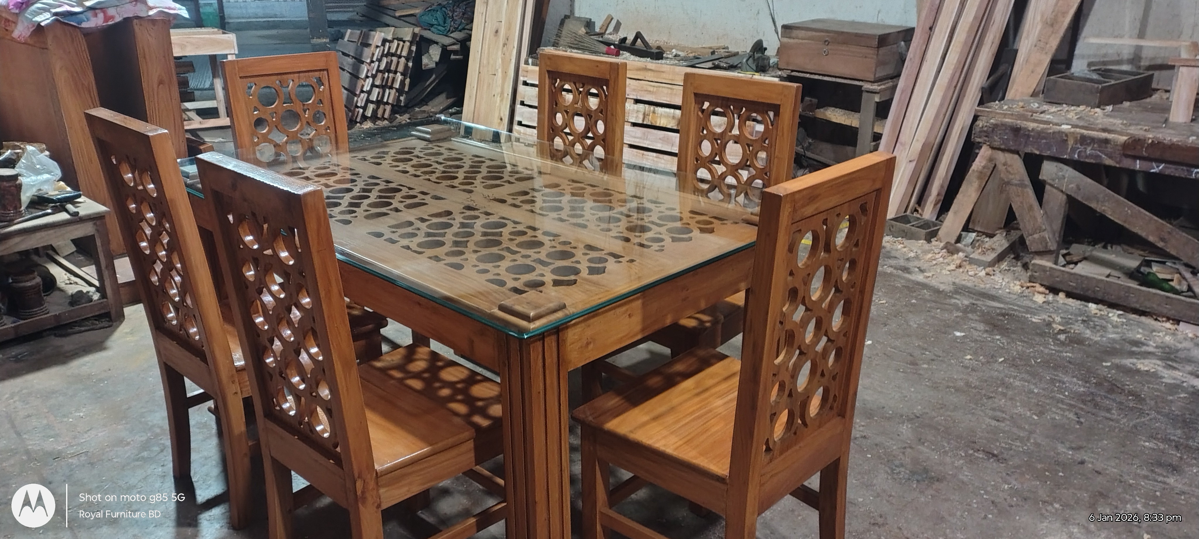 Carved Glass Top Wooden Dining Table Set with 6 Chairs | Solid Wood Dining Table Bangladesh | WCF-Code-DIT-529_img_2